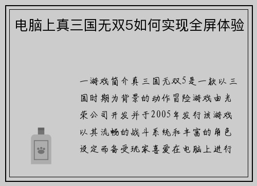 电脑上真三国无双5如何实现全屏体验 电脑上真三国无双5如何实现全屏体验